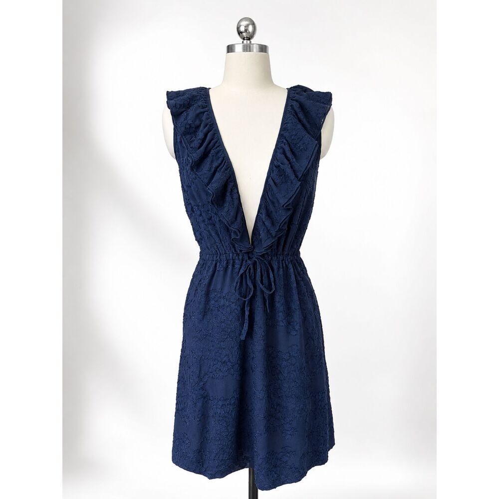 Tory Burch Silk Chiffon Cotton Deep V Neck Ruffle Floral Navy Mini Dress Size 4